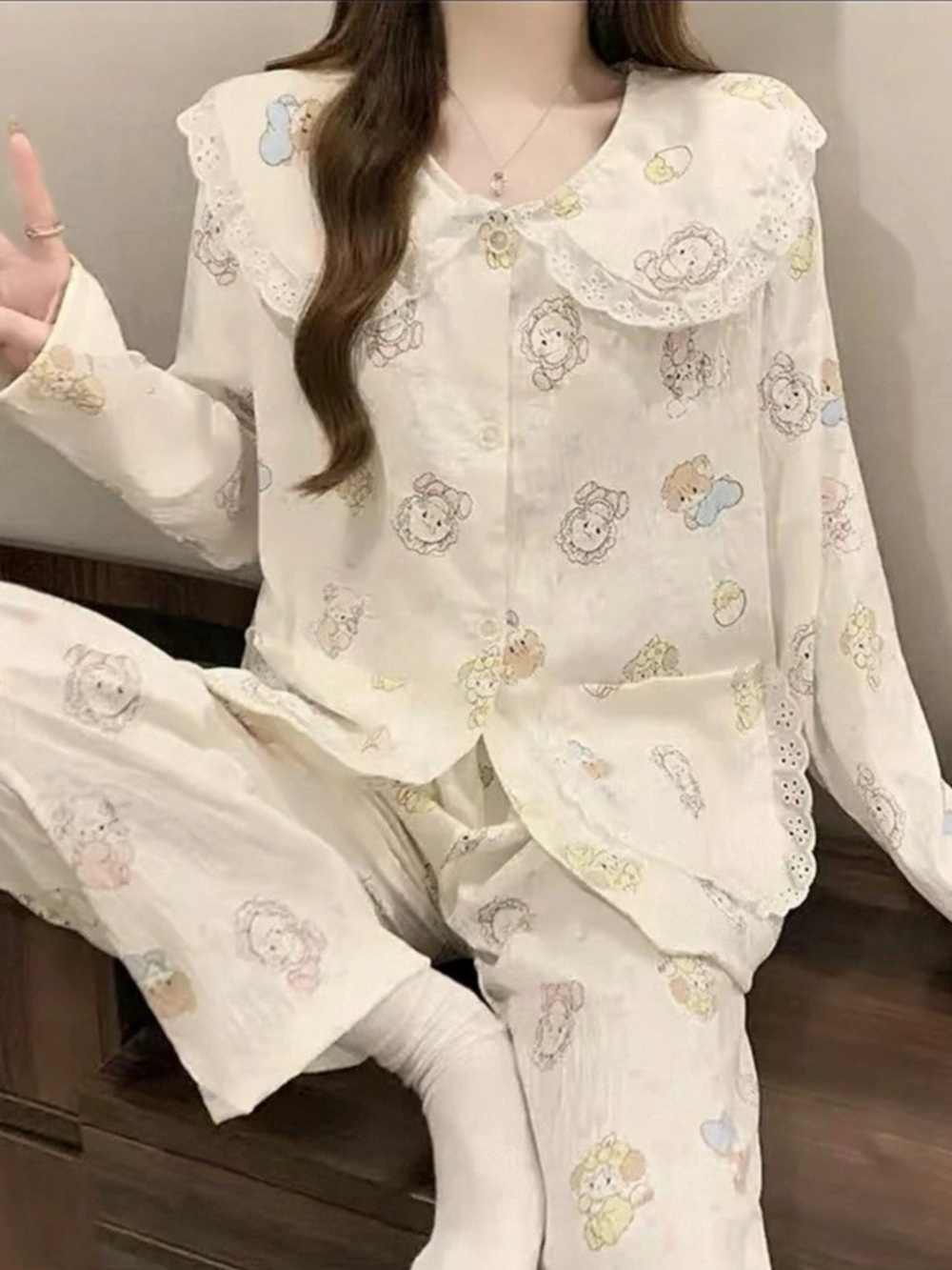 NEW mikko Characters Pajama Set Pale Yellow Lace Trim Fixed Bust Pads